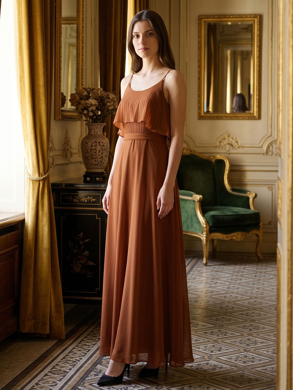 Terracotta Chiffon Sheath Scoop Neck Backless Floor-Length Bridesmaid Dress with Bow