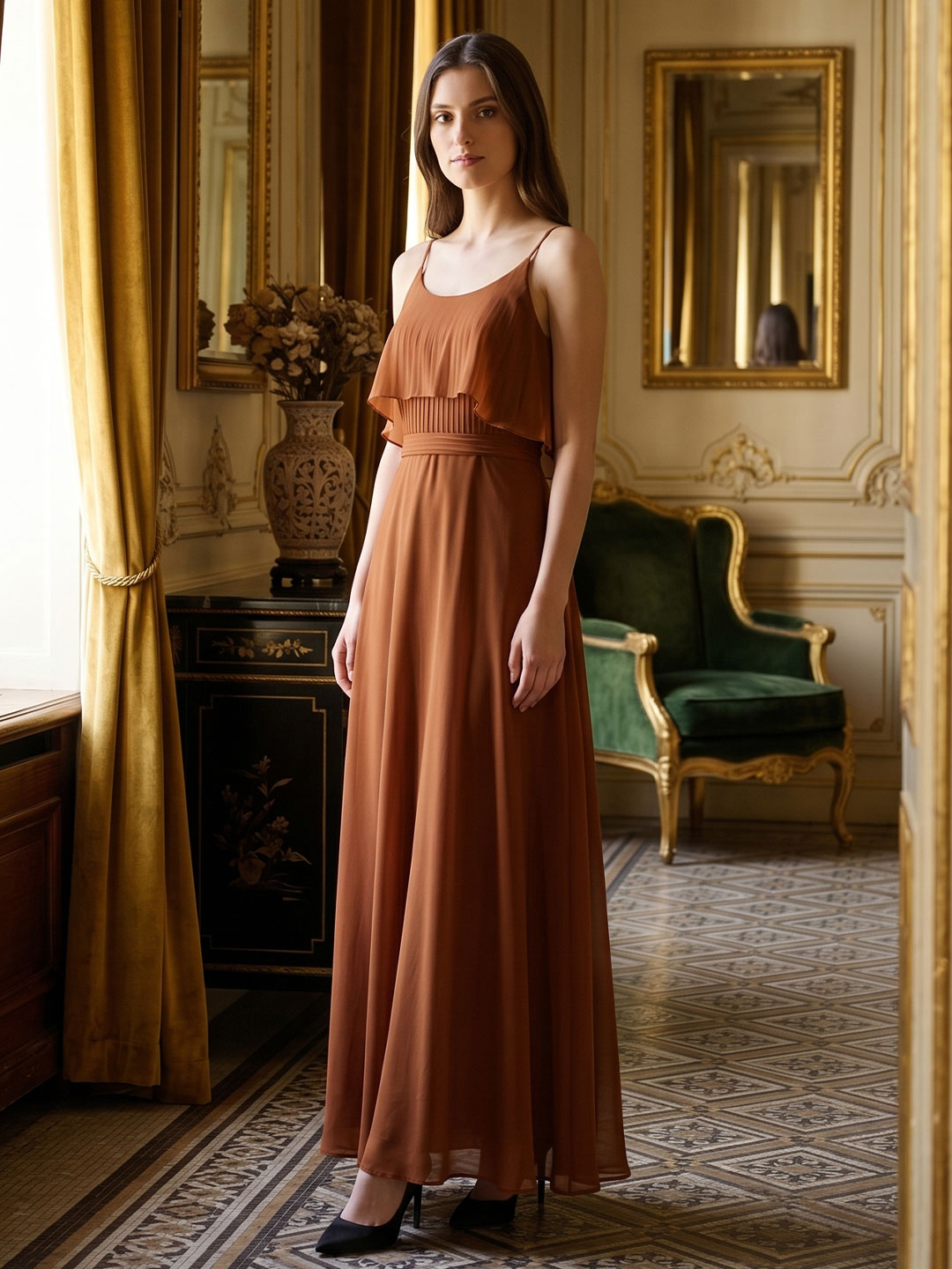 Terracotta Chiffon Sheath Scoop Neck Backless Floor-Length Bridesmaid Dress with Bow