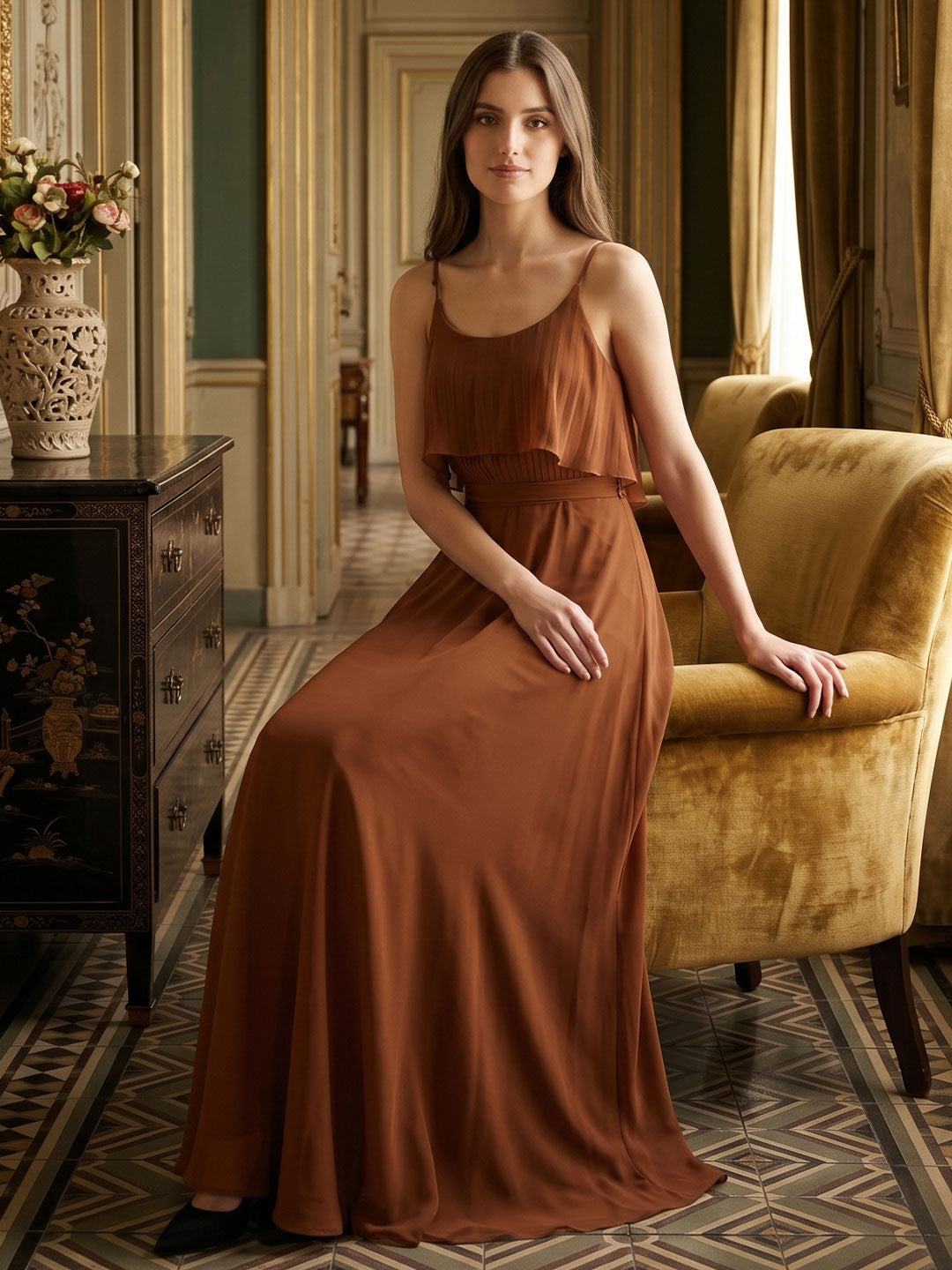 Terracotta Chiffon Sheath Scoop Neck Backless Floor-Length Bridesmaid Dress with Bow