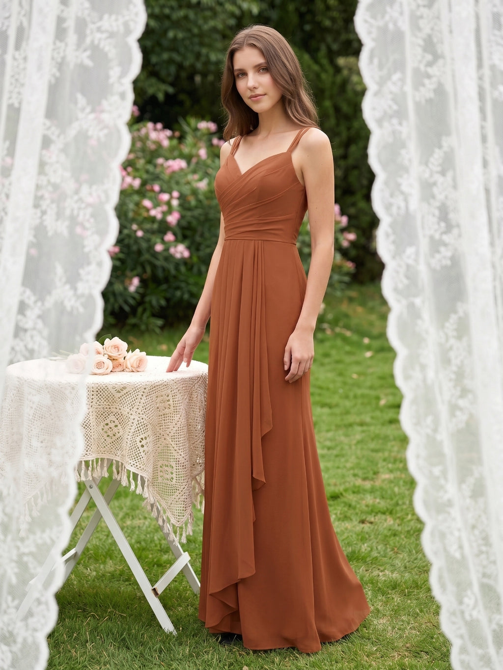 Terracotta Chiffon Sheath Sweetheart Criss-Cross Back Floor-Length Pleated Dress