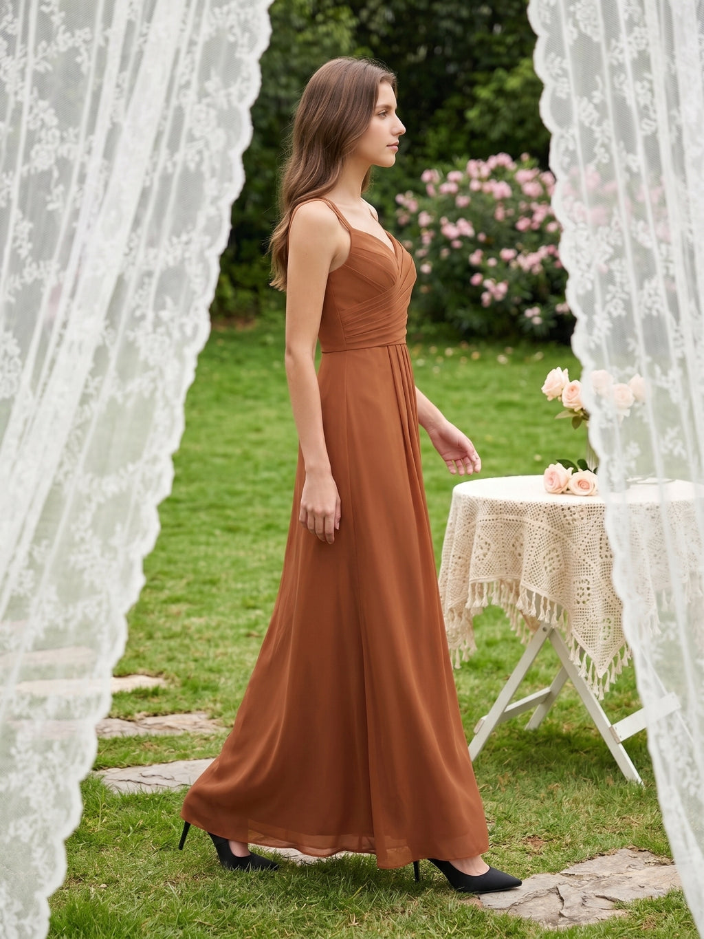 Terracotta Chiffon Sheath Sweetheart Criss-Cross Back Floor-Length Pleated Dress