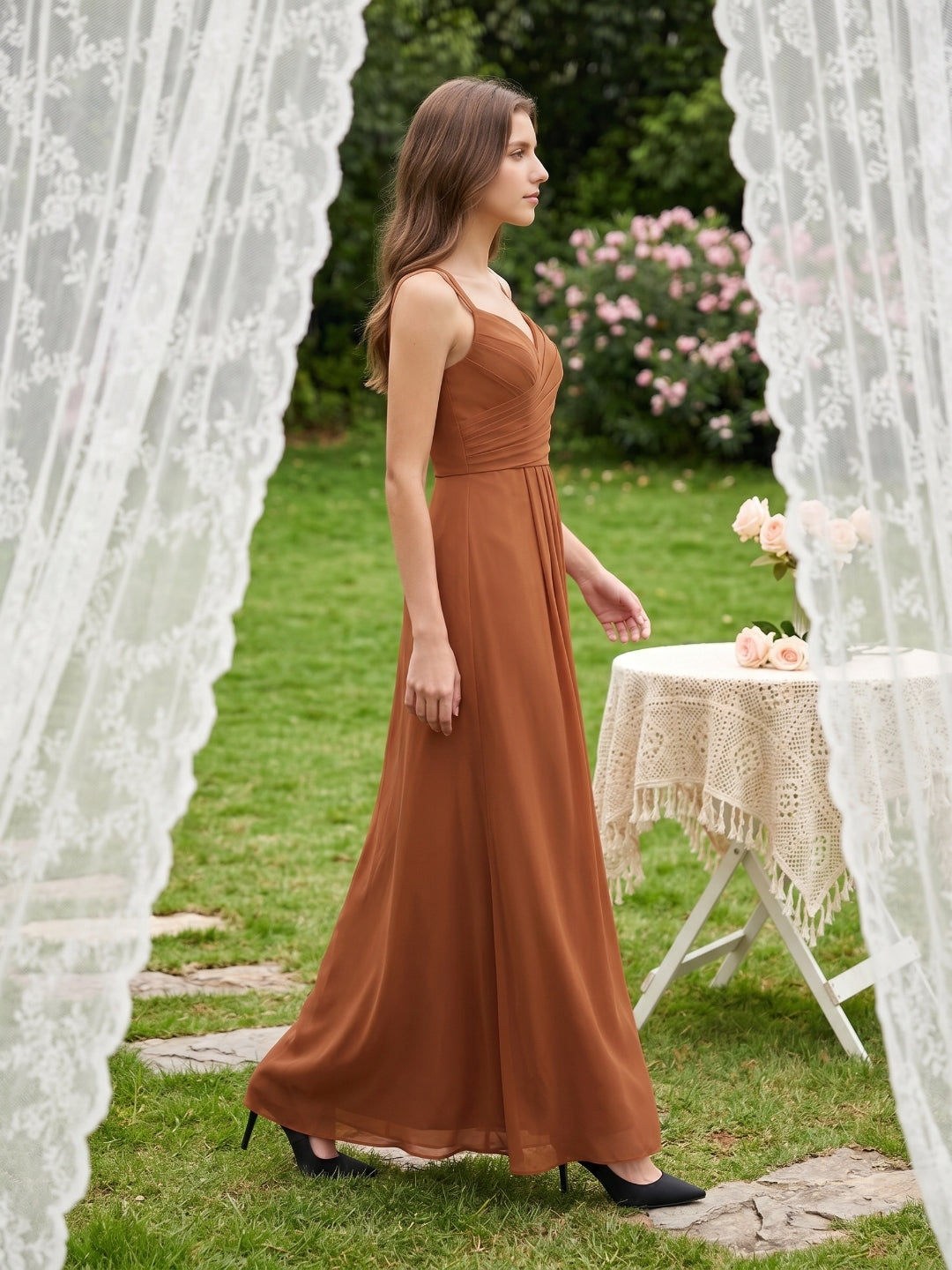 Terracotta Chiffon Sheath Sweetheart Criss-Cross Back Floor-Length Pleated Dress