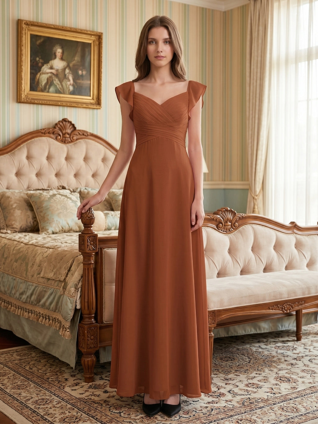Terracotta Chiffon Sheath V-Neck Backless Floor-Length Ruffle Bridesmaid Dress