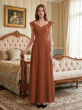 Terracotta Chiffon Sheath V-Neck Backless Floor-Length Ruffle Bridesmaid Dress