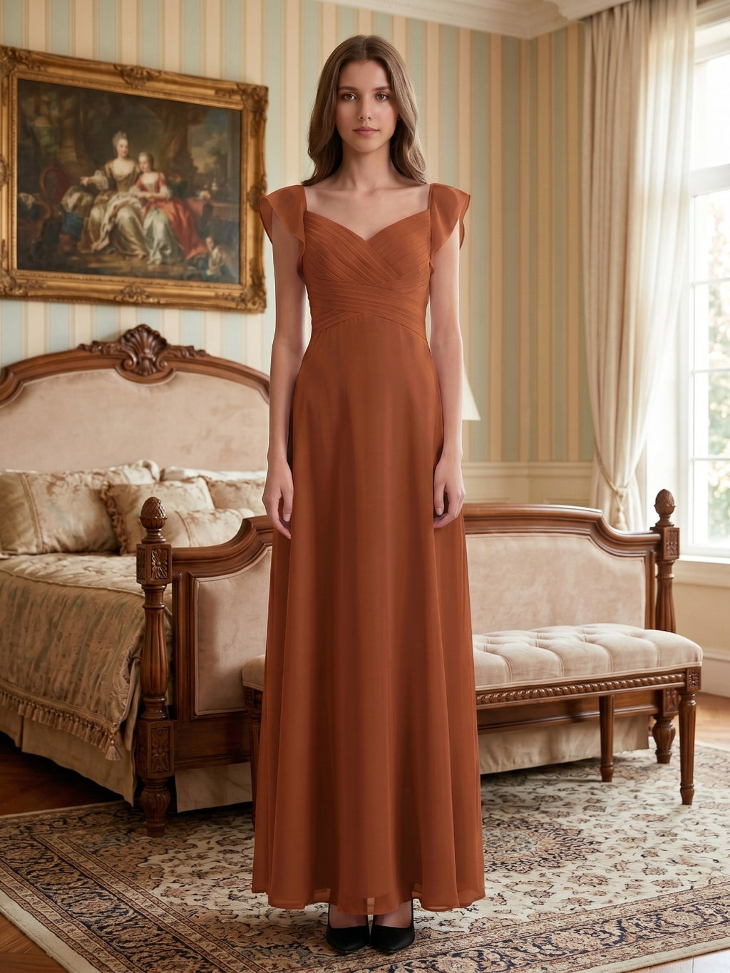 Terracotta Chiffon Sheath V-Neck Backless Floor-Length Ruffle Bridesmaid Dress