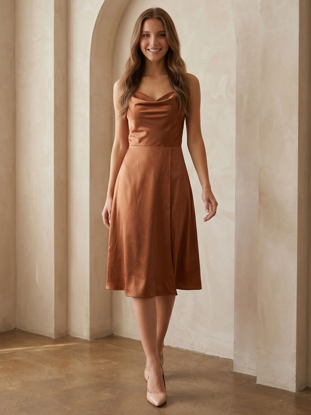 Terracotta Satin A-Line Cowl Neck Backless Knee-Length Bridesmaid Dress