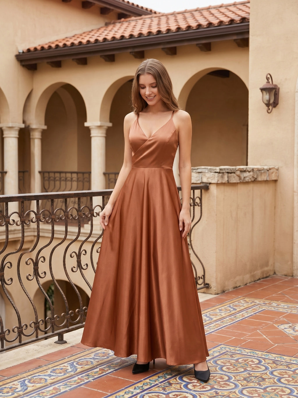 Terracotta Satin A-Line V-Neck Bow Back Floor-Length Bridesmaid Dress with Bow
