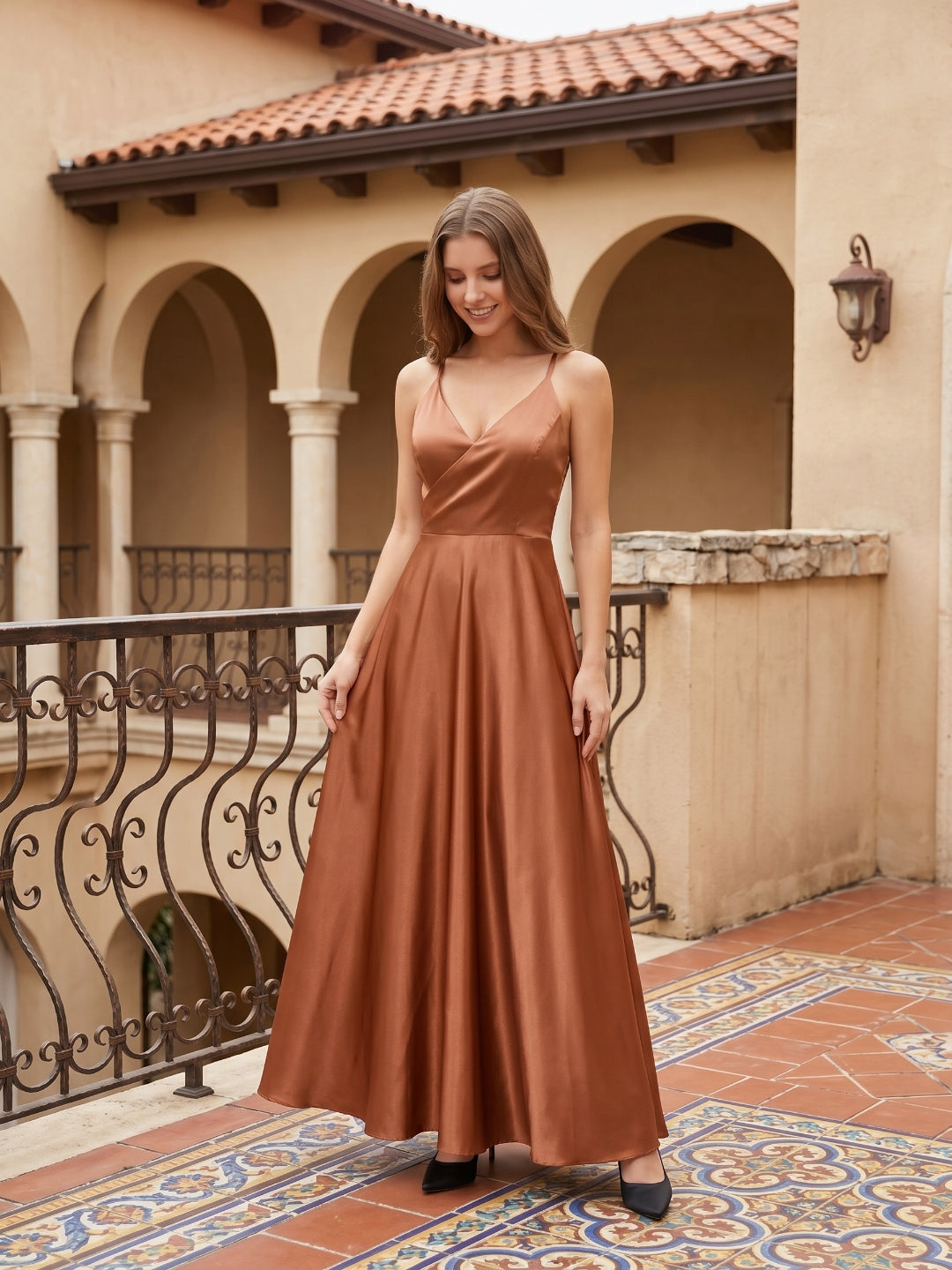 Terracotta Satin A-Line V-Neck Bow Back Floor-Length Bridesmaid Dress with Bow