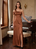 Terracotta Satin Column One Shoulder Backless Floor-Length Bridesmaid Dress