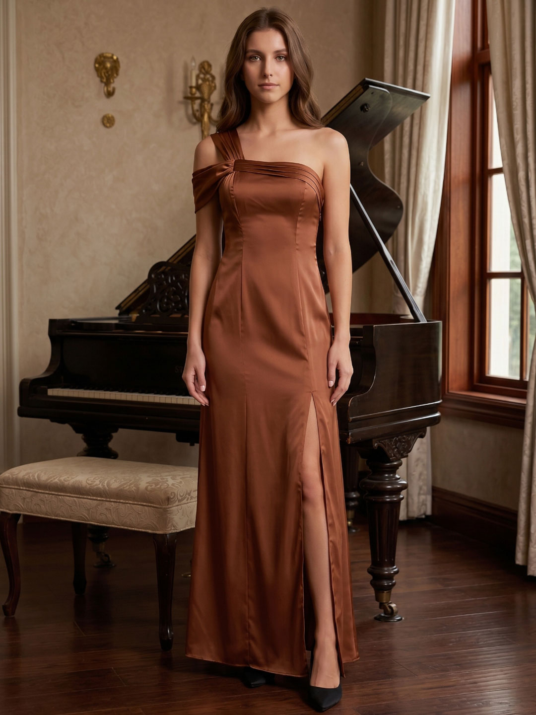 Terracotta Satin Column One Shoulder Backless Floor-Length Bridesmaid Dress
