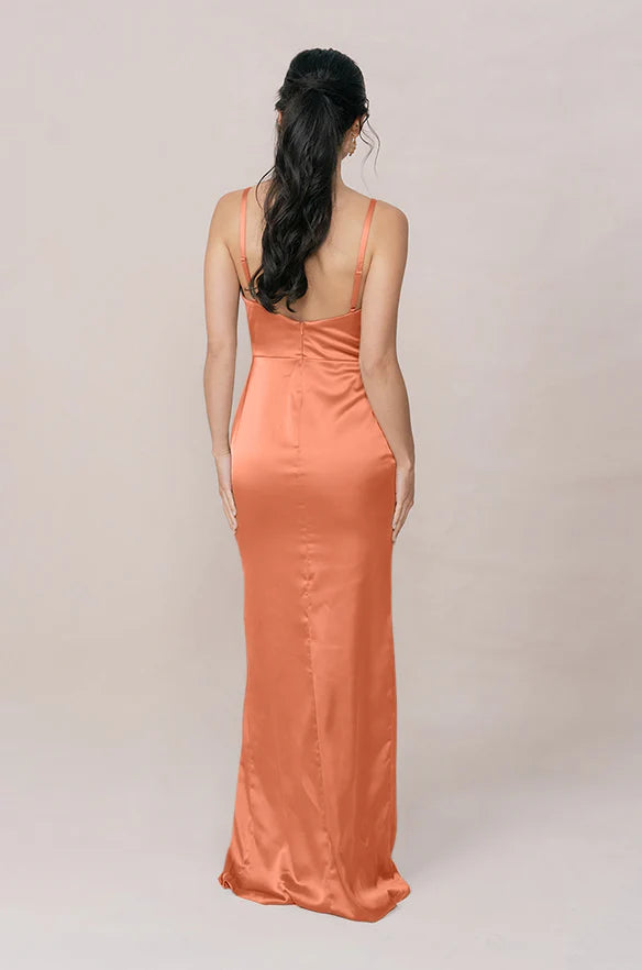 Satin Surplice V-Neck Bridesmaid Dress with Open Back, High Front Slit & Pockets