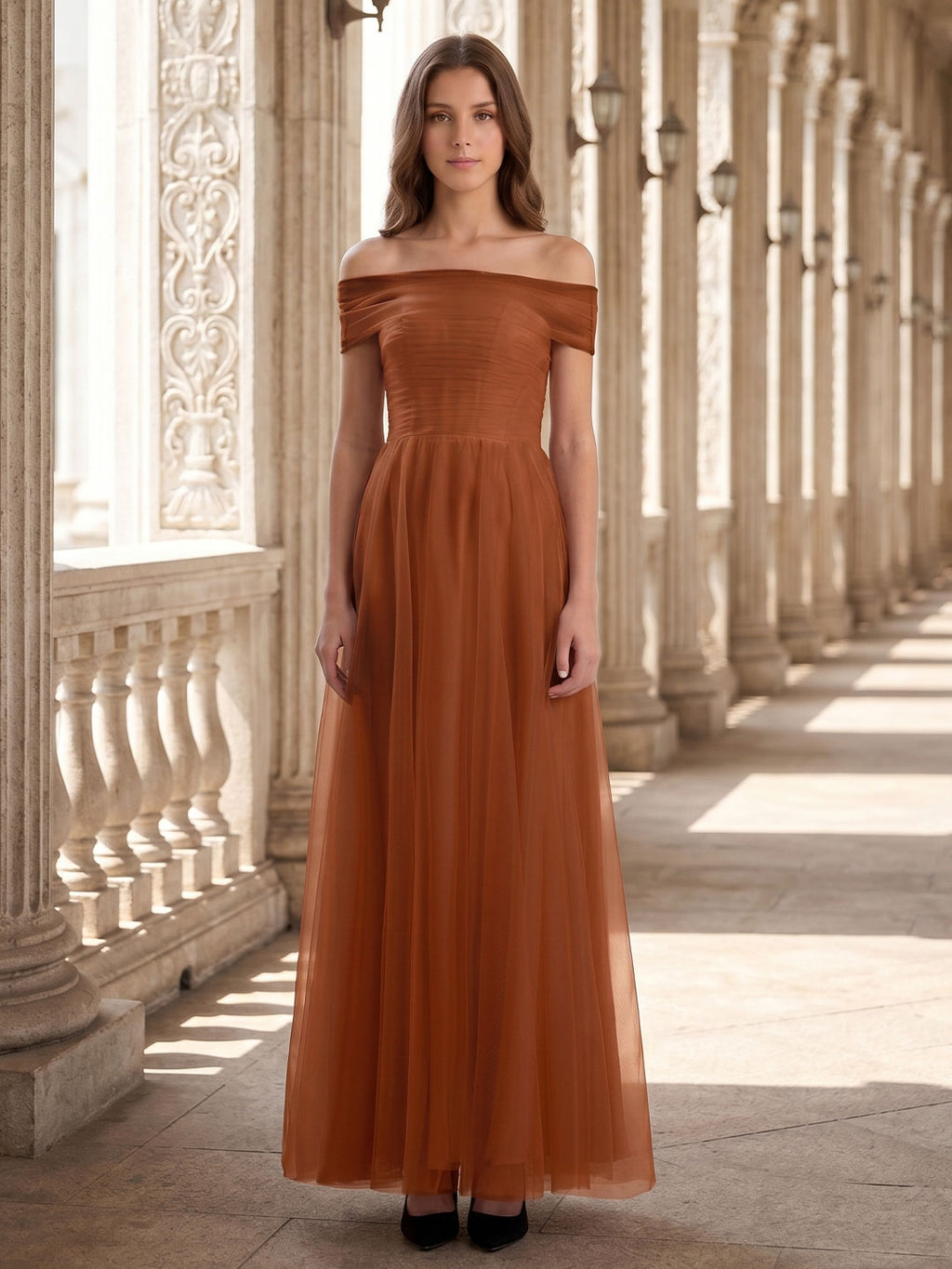 Terracotta Tulle A-Line Off-the-Shoulder Backless Floor-Length Bridesmaid Dress with Bow