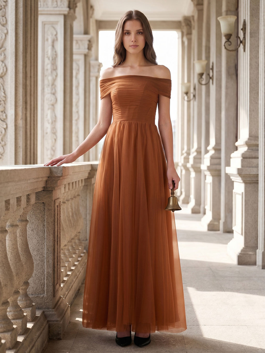 Terracotta Tulle A-Line Off-the-Shoulder Backless Floor-Length Bridesmaid Dress with Bow