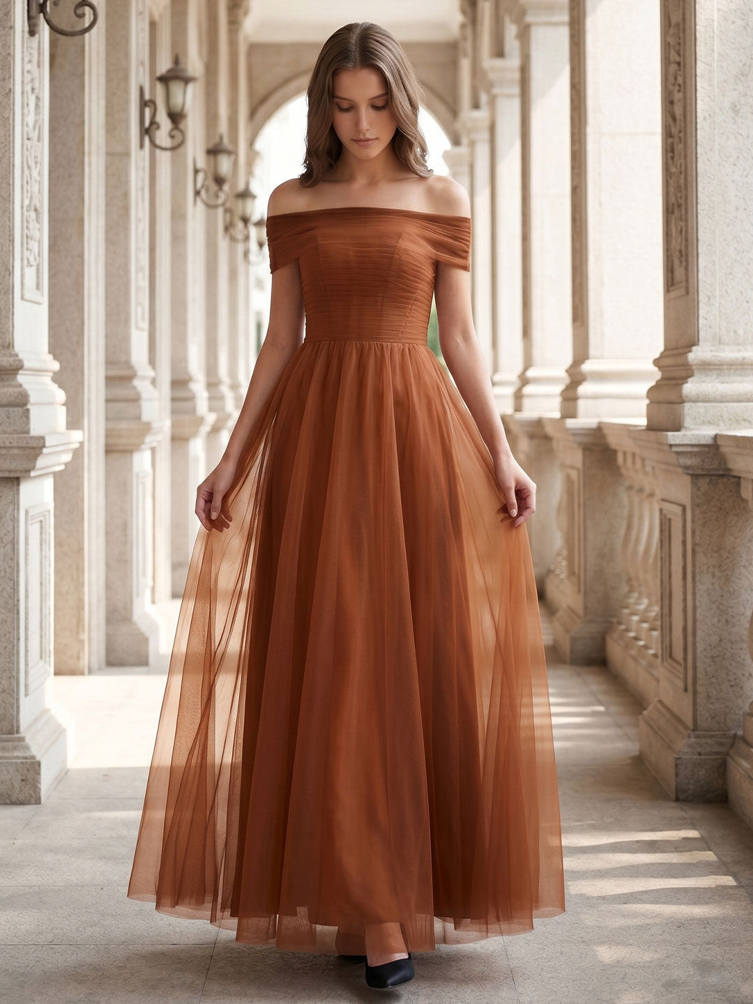 Terracotta Tulle A-Line Off-the-Shoulder Backless Floor-Length Bridesmaid Dress with Bow