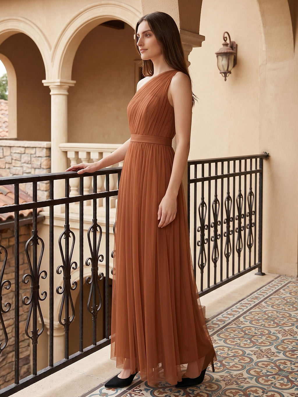 Terracotta Tulle A-Line One Shoulder Back Zip Floor-Length Bridesmaid Dress