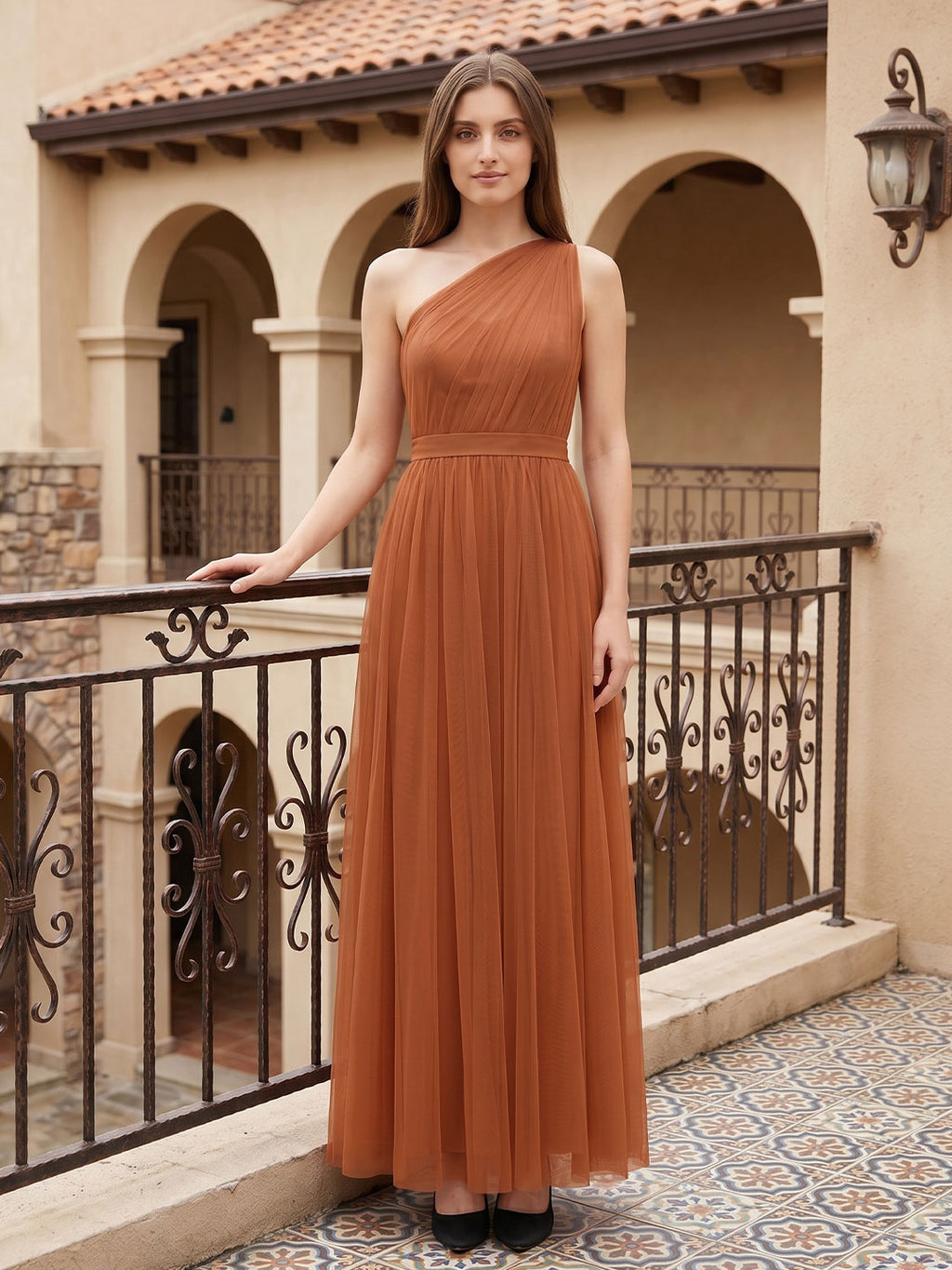 Terracotta Tulle A-Line One Shoulder Back Zip Floor-Length Bridesmaid Dress