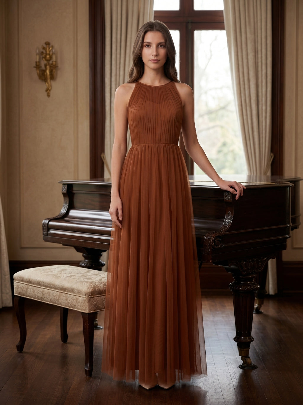 Terracotta Tulle A-Line Scoop Neck Back Zip Floor-Length Pleated Bridesmaid Dress