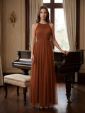 Terracotta Tulle A-Line Scoop Neck Back Zip Floor-Length Pleated Bridesmaid Dress