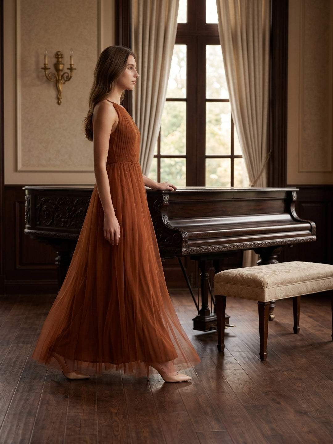 Terracotta Tulle A-Line Scoop Neck Back Zip Floor-Length Pleated Bridesmaid Dress