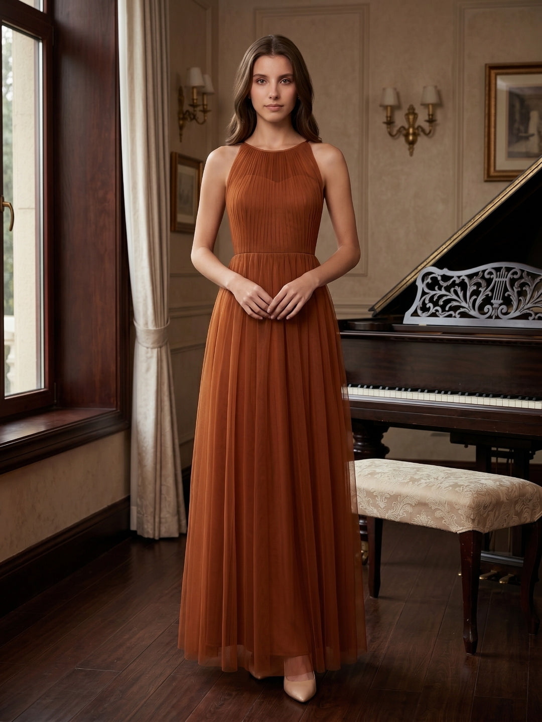 Terracotta Tulle A-Line Scoop Neck Back Zip Floor-Length Pleated Bridesmaid Dress