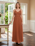Terracotta Tulle A-Line V-Neck Backless Floor-Length Pleated Bridesmaid Dress