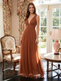 Terracotta Tulle A-Line V-Neck V-Back Floor-Length Pleated Bridesmaid Dress