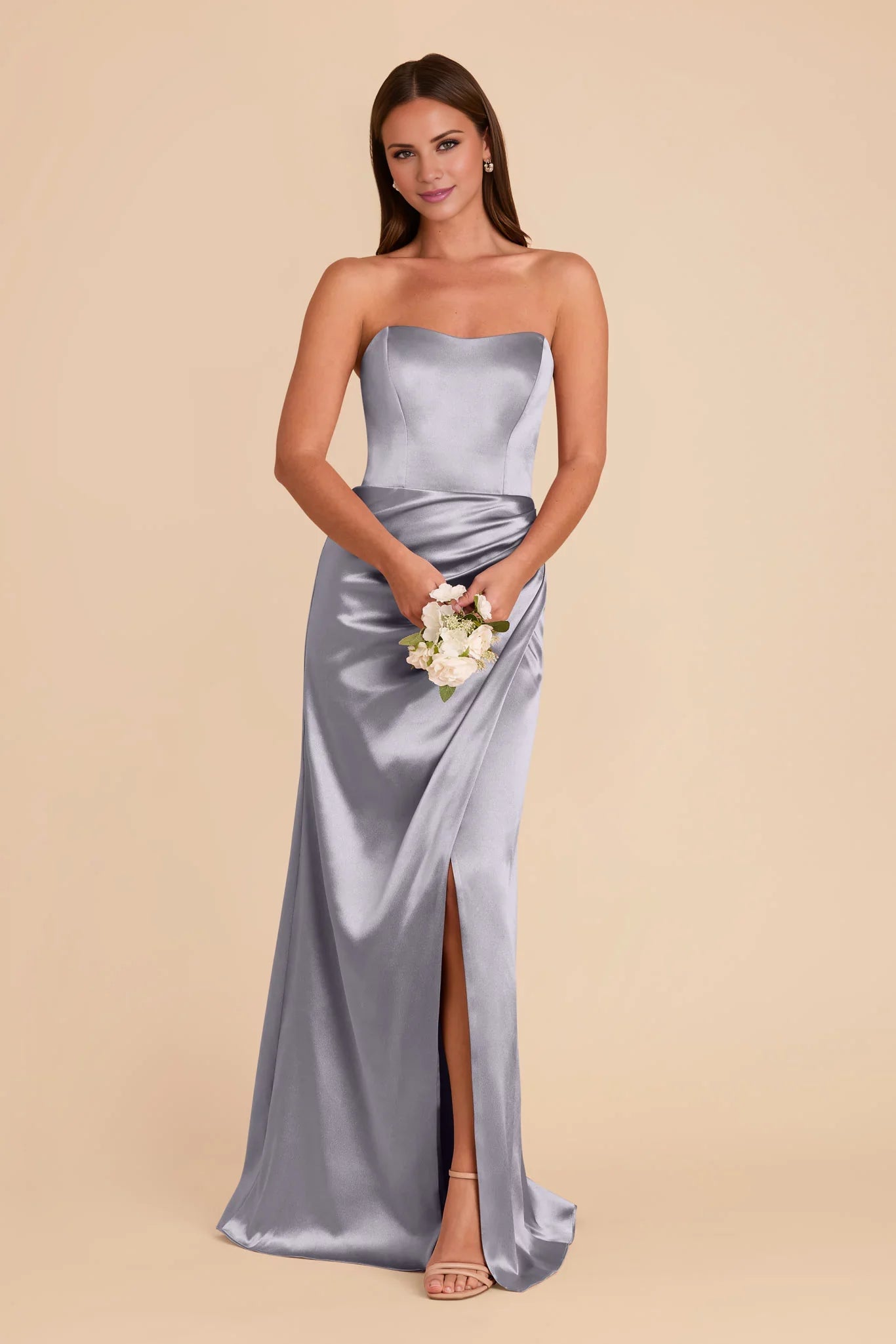 Timeless Dusty Blue Satin Strapless Maxi Bridesmaid Dress with Draped Skirt & High Side Slit