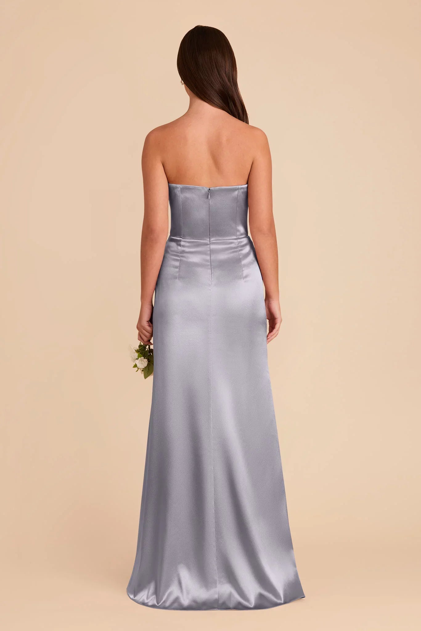 Timeless Dusty Blue Satin Strapless Maxi Bridesmaid Dress with Draped Skirt & High Side Slit