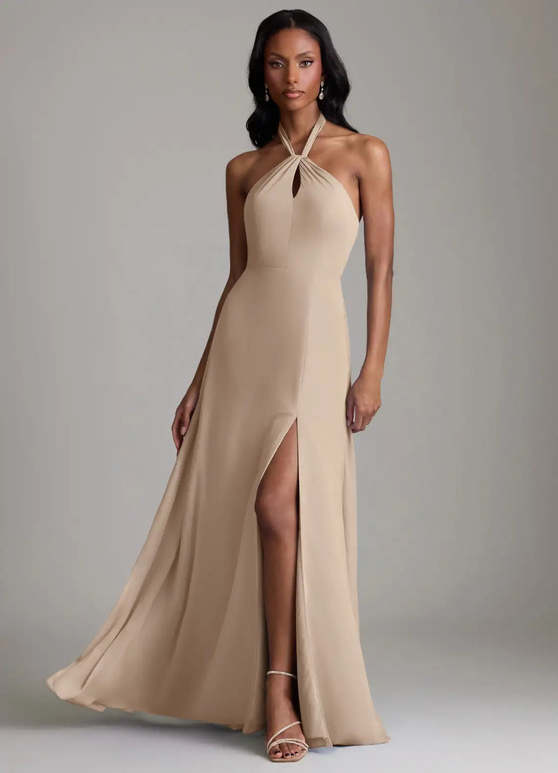Timeless Halter Bridesmaid Dresses with Keyhole Neckline, Tie Back Detail, Daring High Slit and Flowing Chiffon Maxi Silhouette Formal Gown