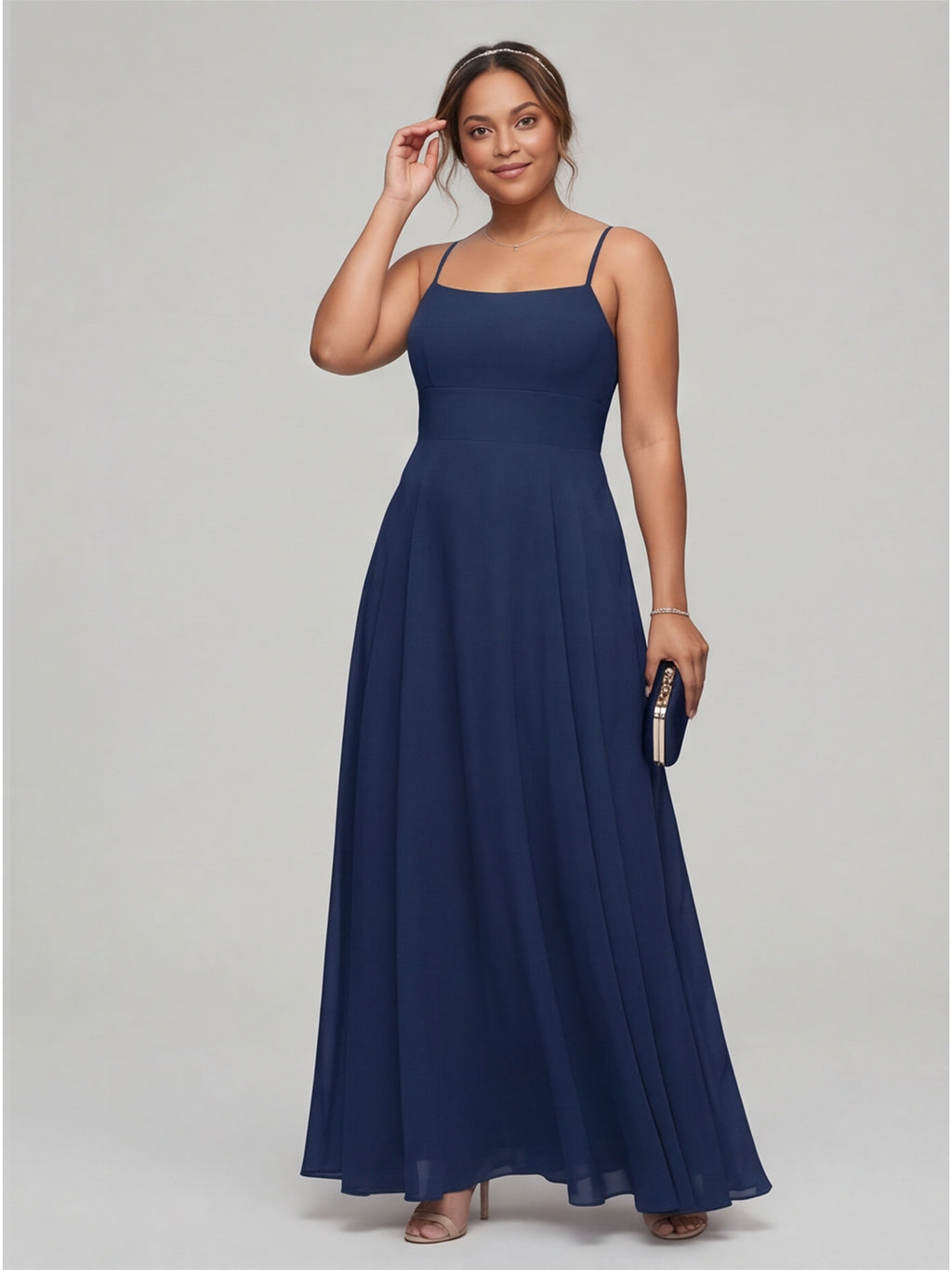 Timeless Navy Blue Chiffon A-Line Straight Neck Back Zip Ankle-Length Bridesmaid Dress