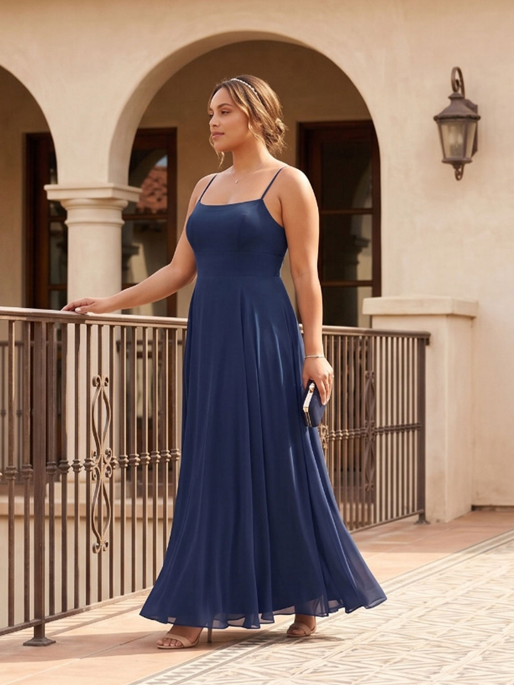 Timeless Navy Blue Chiffon A-Line Straight Neck Back Zip Ankle-Length Bridesmaid Dress
