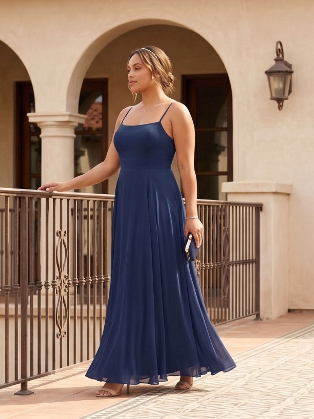 Timeless Navy Blue Chiffon A-Line Straight Neck Back Zip Ankle-Length Bridesmaid Dress