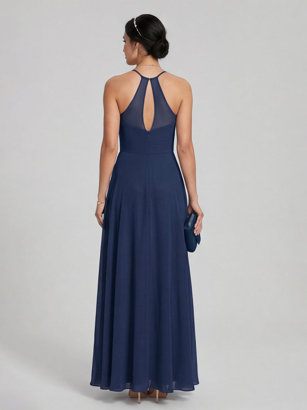 Timeless Navy Blue Chiffon A-Line Straight Neck Back Zip Ankle-Length Bridesmaid Dress