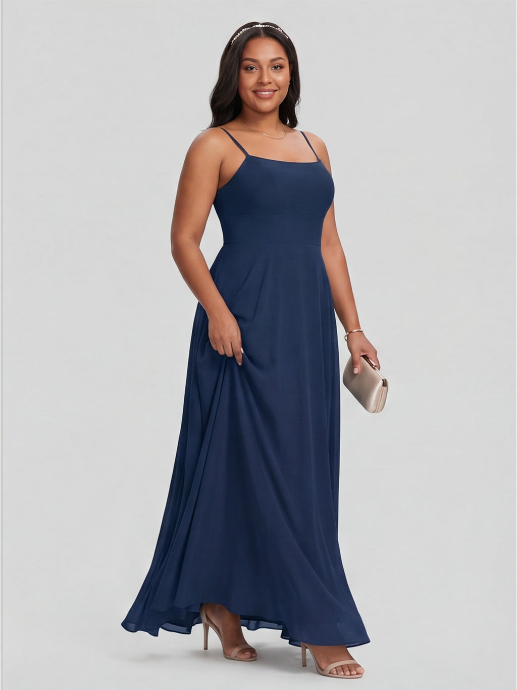 Timeless Navy Blue Chiffon A-Line Straight Neck Back Zip Ankle-Length Bridesmaid Dress