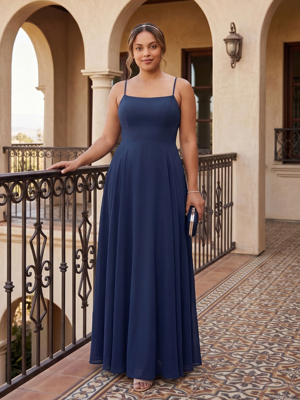 Timeless Navy Blue Chiffon A-Line Straight Neck Back Zip Ankle-Length Bridesmaid Dress