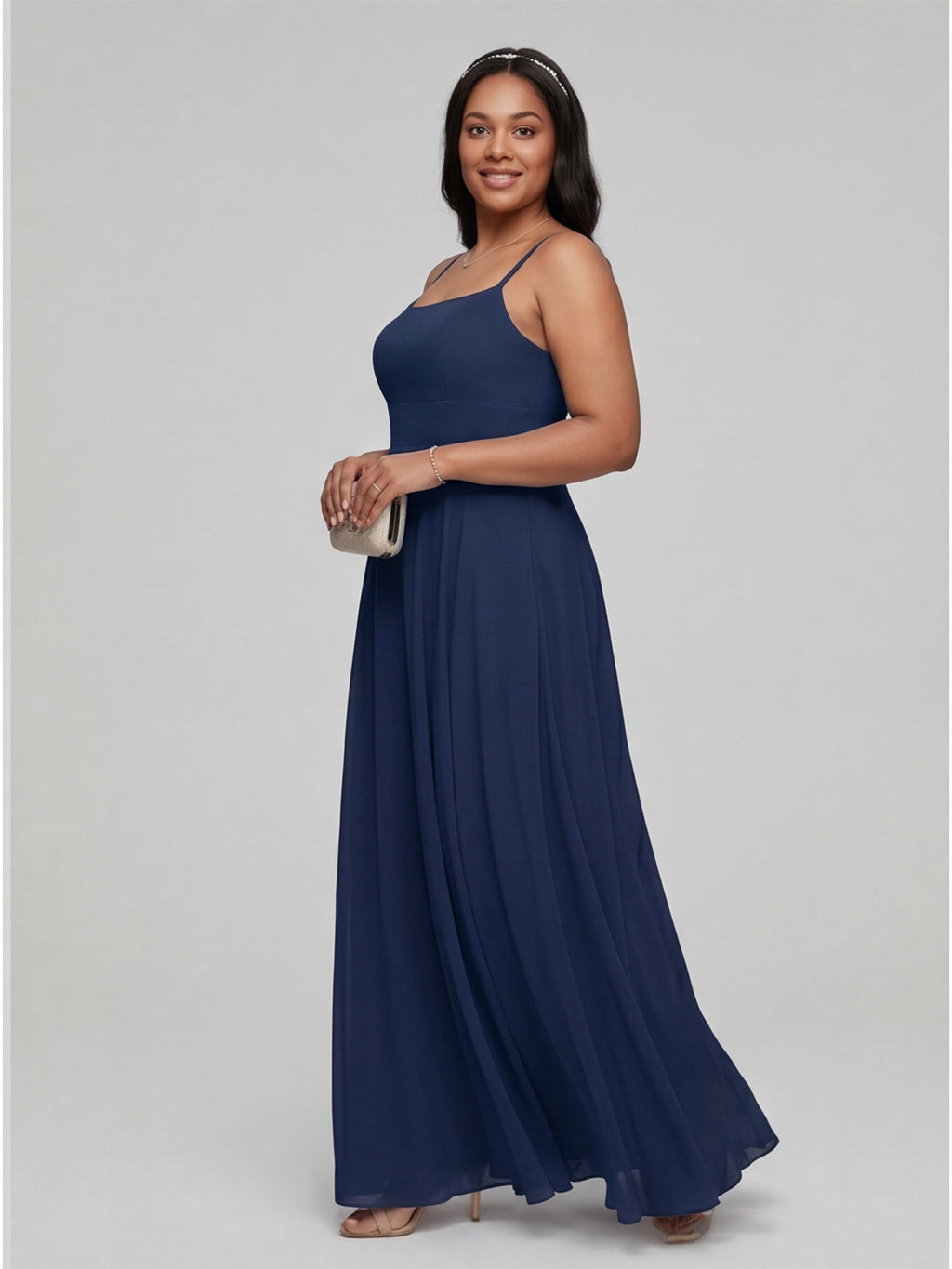 Timeless Navy Blue Chiffon A-Line Straight Neck Back Zip Ankle-Length Bridesmaid Dress