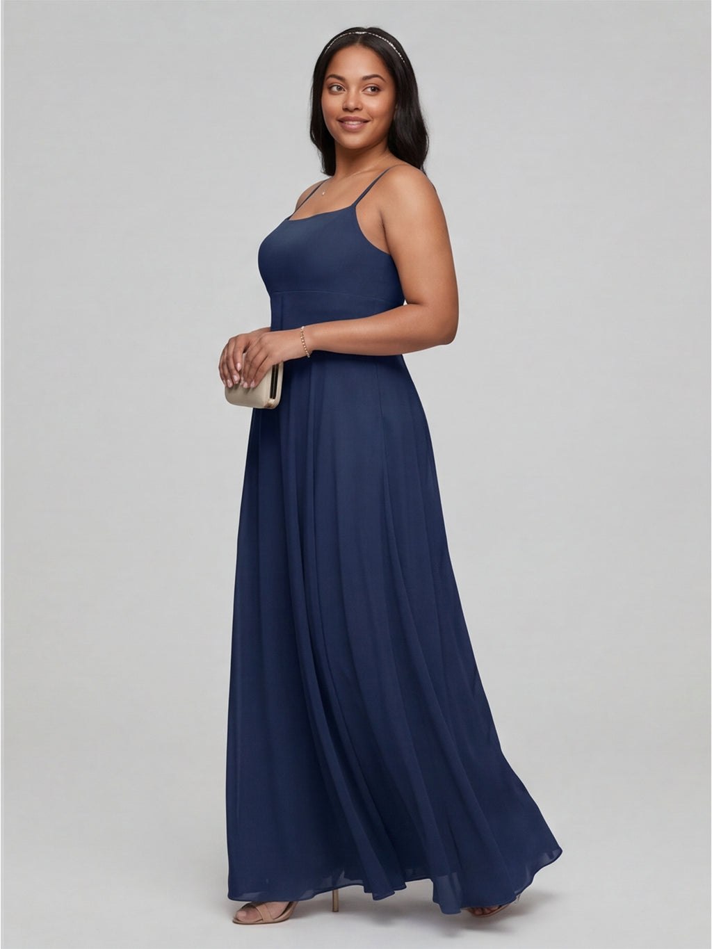 Timeless Navy Blue Chiffon A-Line Straight Neck Back Zip Ankle-Length Bridesmaid Dress
