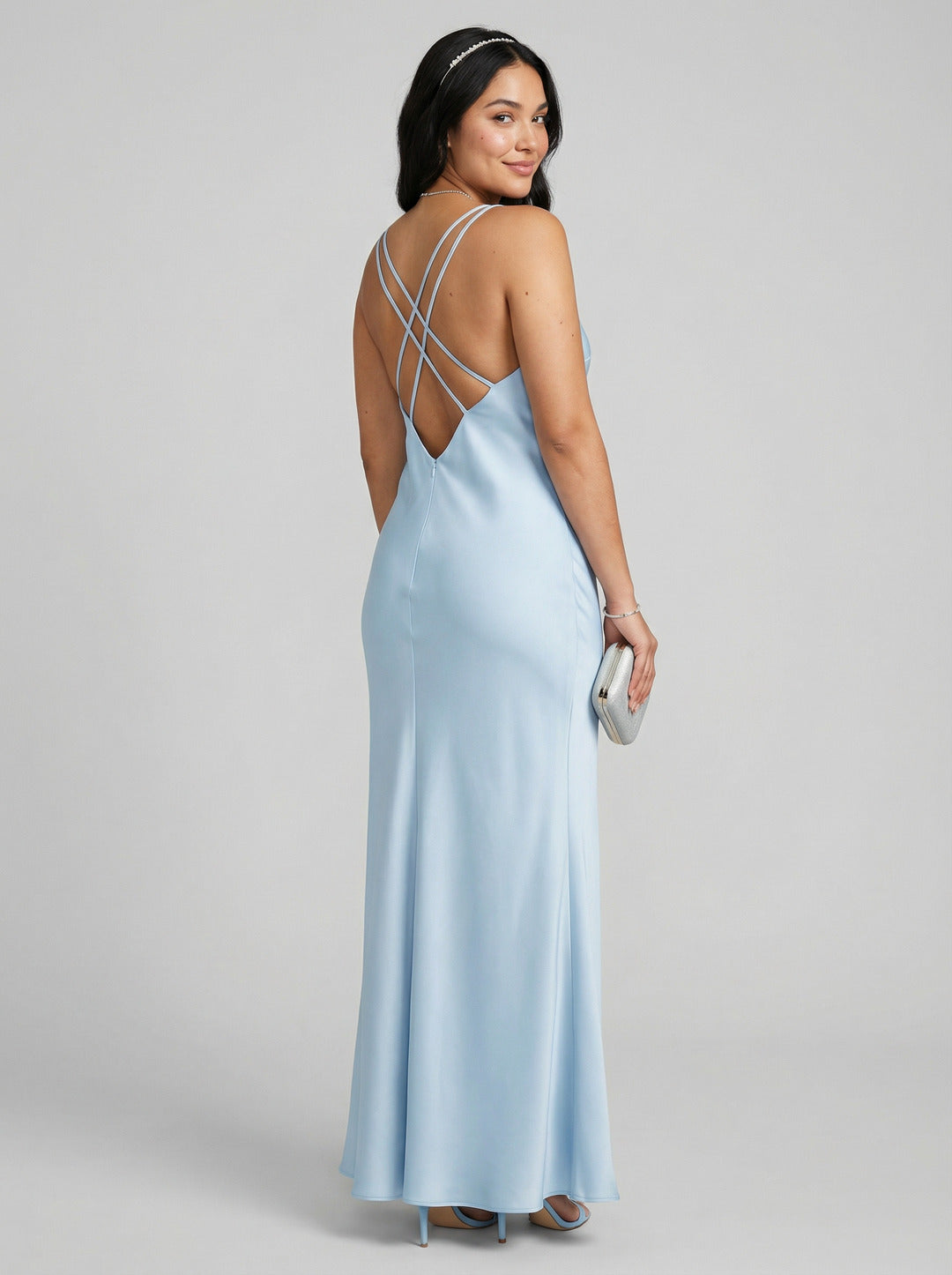 Timeless Sky Blue Satin column V-Neck Backless Ankle-Length Bridesmaid Dress