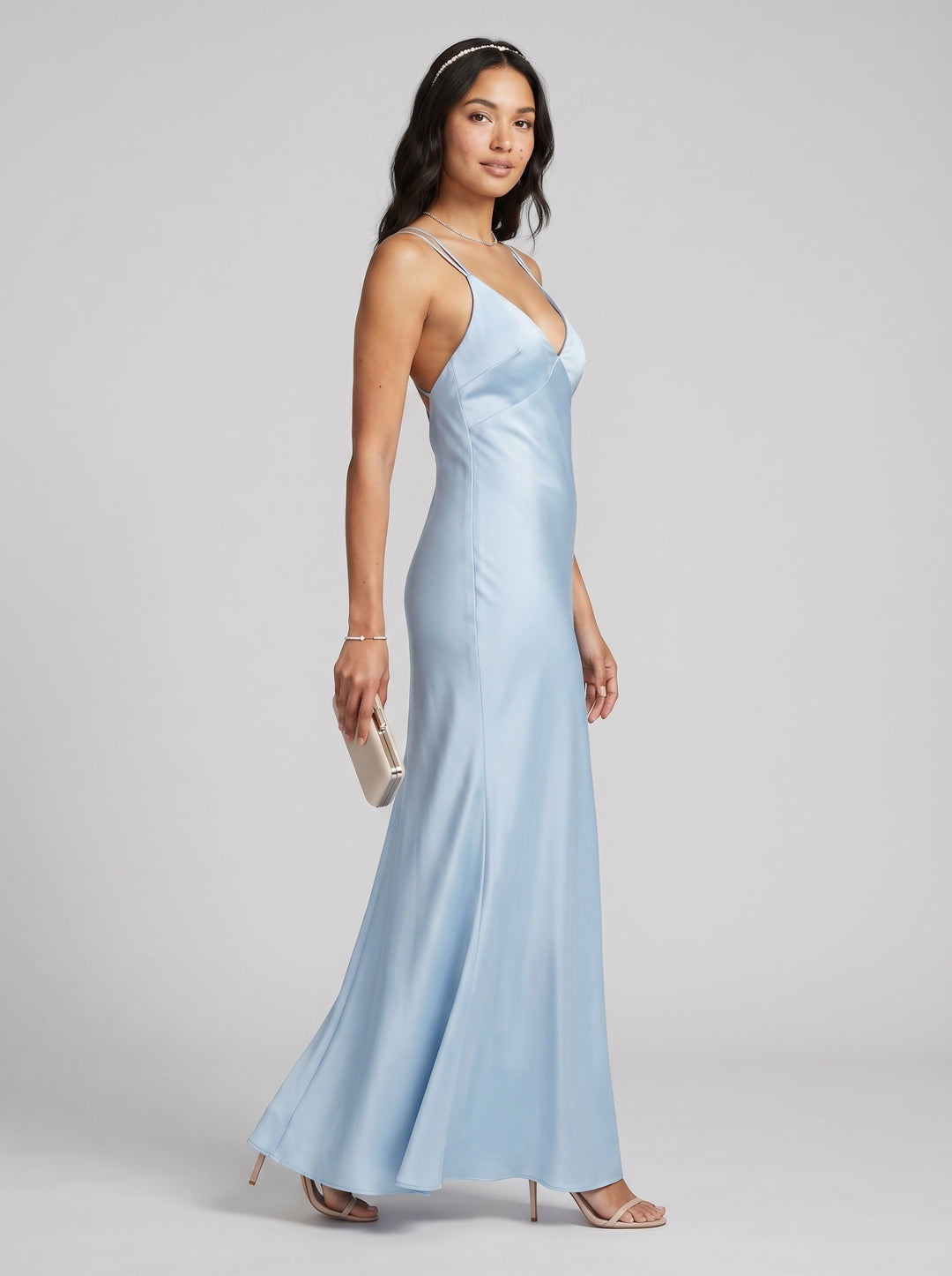 Timeless Sky Blue Satin column V-Neck Backless Ankle-Length Bridesmaid Dress