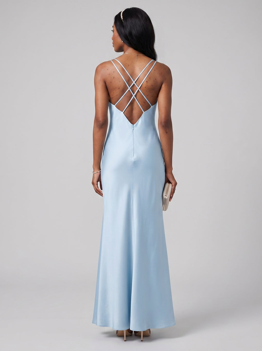Timeless Sky Blue Satin column V-Neck Backless Ankle-Length Bridesmaid Dress