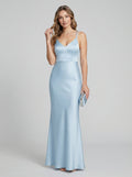Timeless Sky Blue Satin column V-Neck Backless Ankle-Length Bridesmaid Dress