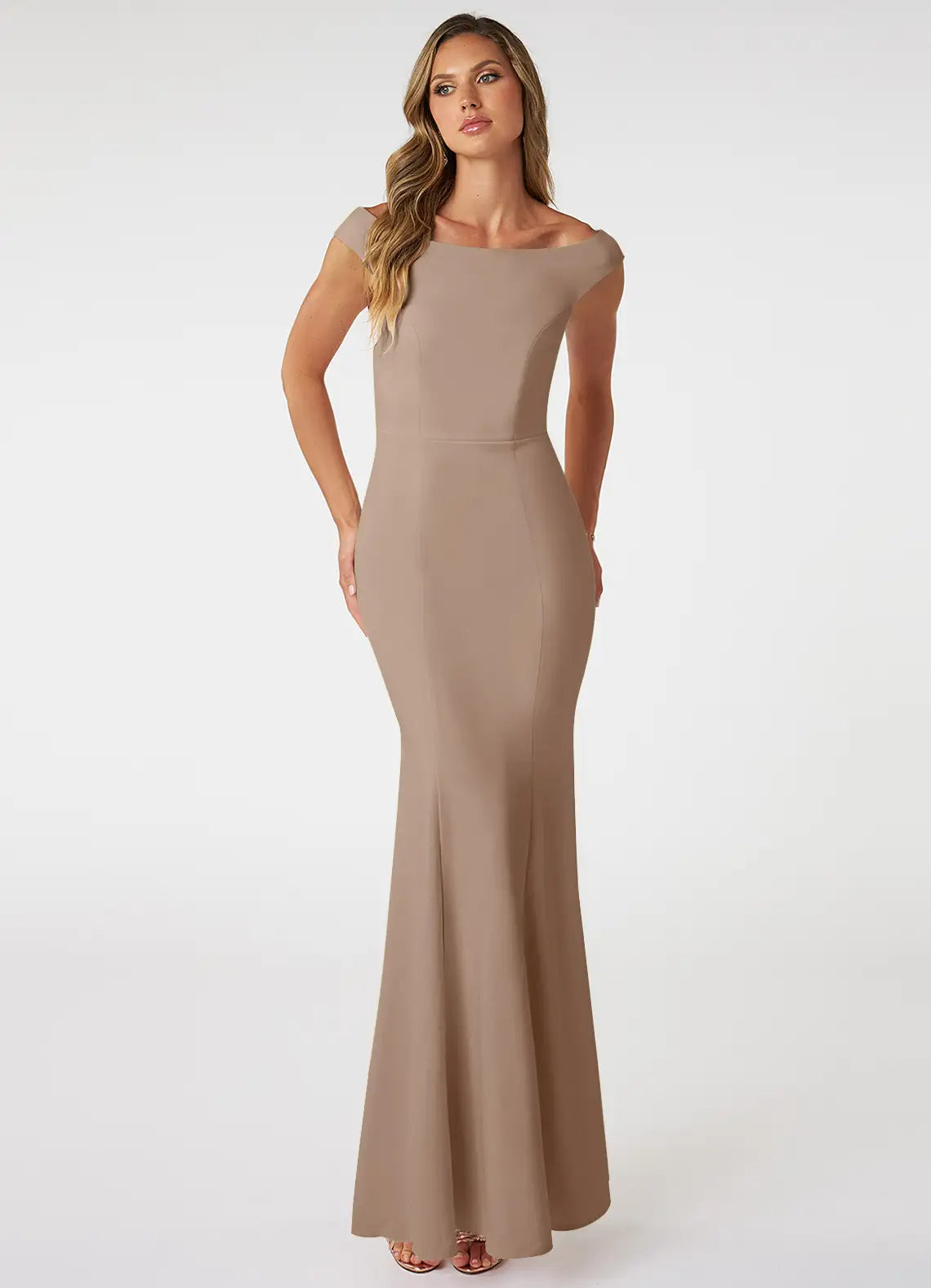 Timeless Taupe Crepe Bridesmaid Dresses with Bardot Neck, Cap Sleeves and Mermaid Silhouette