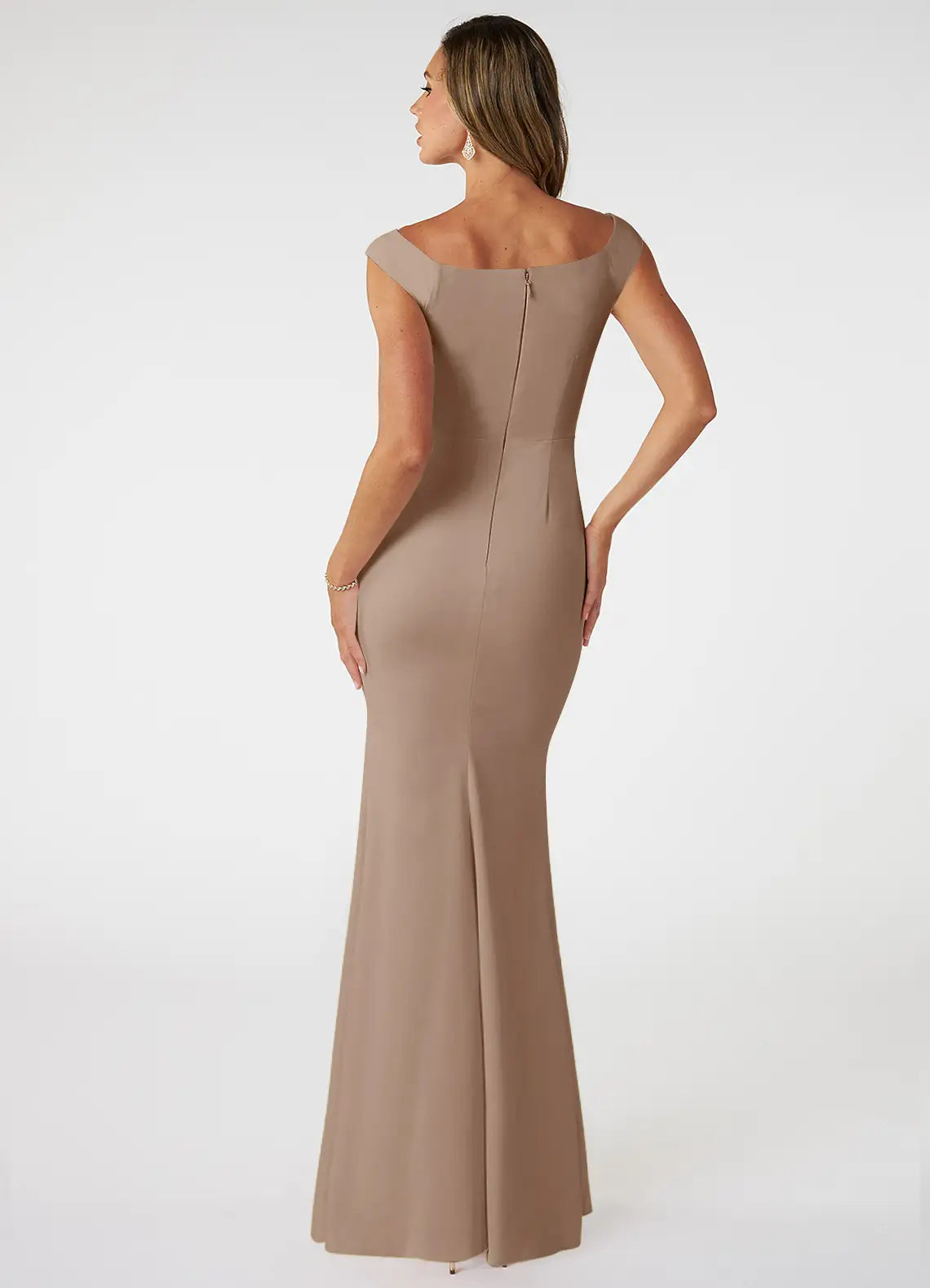 Timeless Taupe Crepe Bridesmaid Dresses with Bardot Neck, Cap Sleeves and Mermaid Silhouette