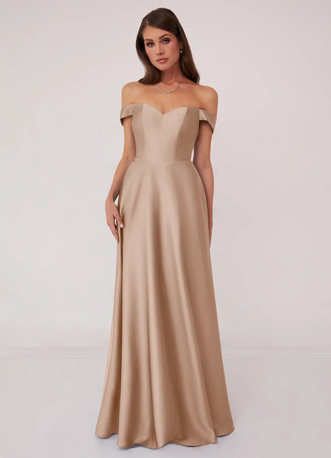 Timeless Taupe Satin Bridesmaid Dresses with Off-the-Shoulder Neck, Puffed Sleeves, Pockets and A-Line Silhouette