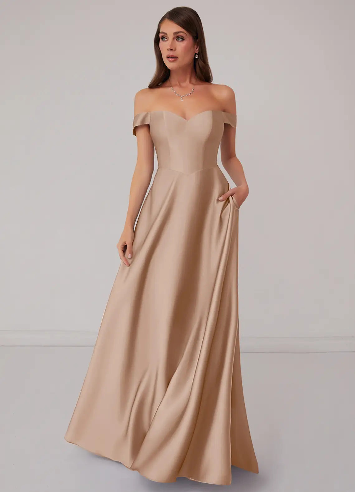 Timeless Taupe Satin Bridesmaid Dresses with Off-the-Shoulder Neck, Puffed Sleeves, Pockets and A-Line Silhouette