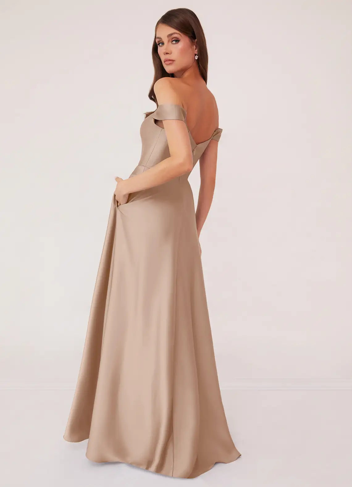 Timeless Taupe Satin Bridesmaid Dresses with Off-the-Shoulder Neck, Puffed Sleeves, Pockets and A-Line Silhouette