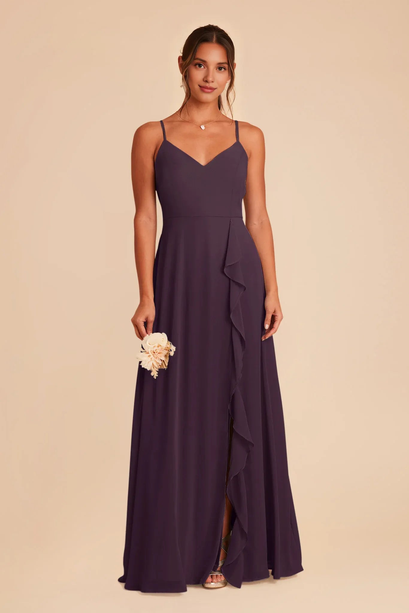 Trendy Plum V Neck Ruffles Chiffon Maxi Bridesmaid Dress