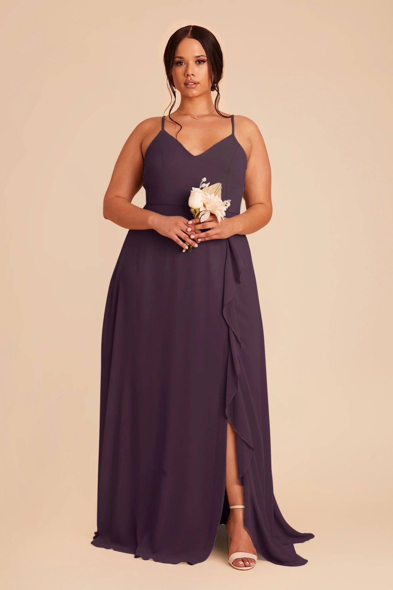 Trendy Plum V Neck Ruffles Chiffon Maxi Bridesmaid Dress