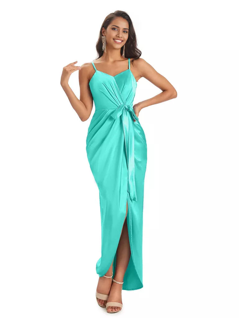 High Low Spaghetti Straps V-neck Mermaid Asymmetrical Soft Satin Bridesmaid Dresses
