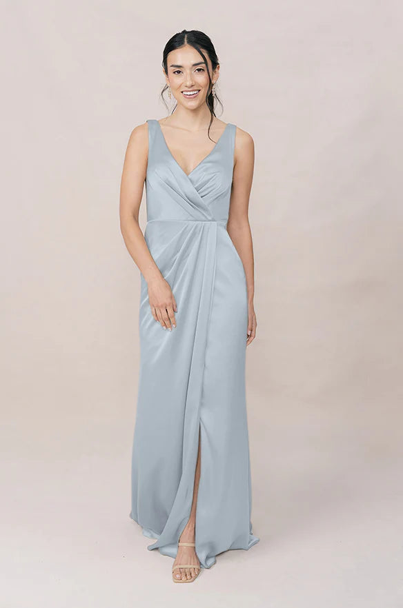 V-Neck Wrap Satin Bridesmaid Dress with Wide Straps, Draped Side Detail, Side High Slit & Slim Maxi Silhouette